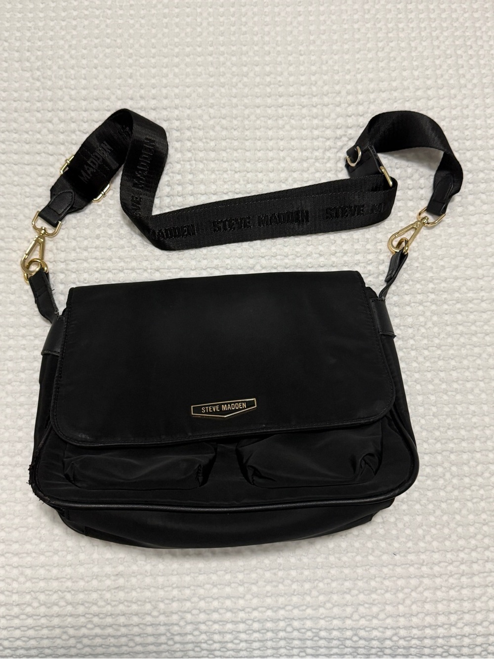 Steve Madden Black Nylon Messenger Bag with Branded Strap